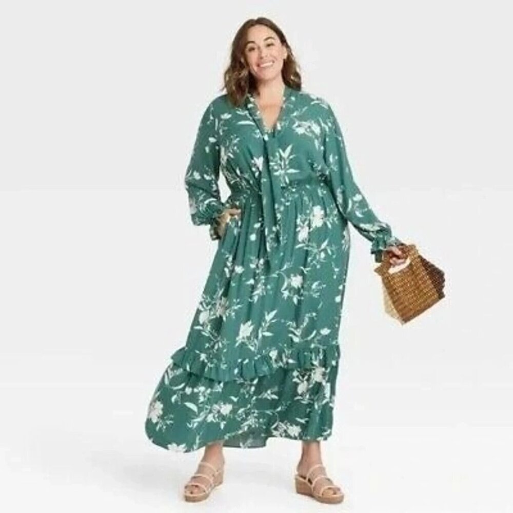 Ava & Viv Womens Sz X 14 / 16 Green White Floral Maxi Dress Pockets Boho Festiva